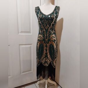 🌺 Like New Fundaisy Green Sequened & Beaded Gatsby/Flapper Dress
